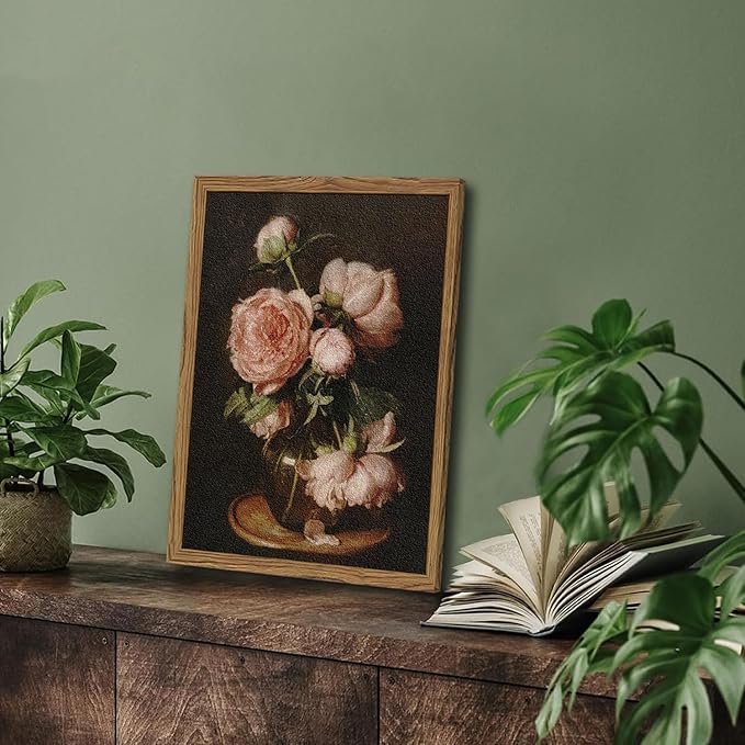 Framed Vintage Floral Wall Art - 3D Textured Classical Flower Wall Decor Paintings, Hand Drawn Sandstone Aesthetic Pictures Prints for Bedroom Living Room Bathroom Office 12x16 inch