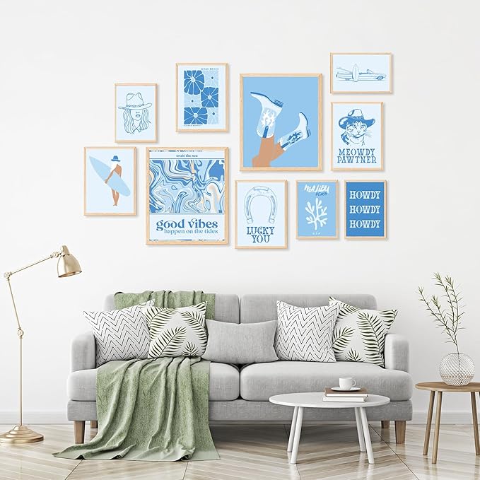 Aroutde 10Pcs Coastal Cowgirl Canvas Wall Art Print Light Blue Beachy Surfer Girl Posters Preppy Aesthetic Granddaughter Room Decor for Teen Girl Bedroom Dorm Apartment Decoration (Unframed)
