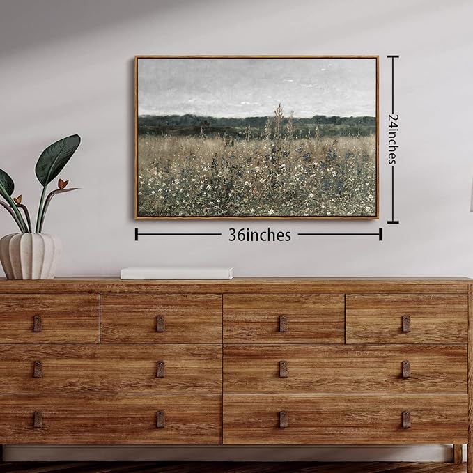 OIQArtOIQ Vintage Framed Wall Art Wildflower Field Meadow Canvas Art Prints Rustic Farmhouse Landscape Pictures Wall Decor Modern Cottagecore Paintings Artwork For Bedroom Bathroom Office Living Room