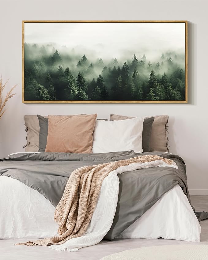 SHENIFY Green Fog Pine Tree Forest Vintage Framed Wall Art Modern Landscape Scenery Farmhouse Artwork Prints Decor for Hallway Bedroom Living Room Dining Room - 30x60in Natural Framed