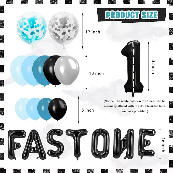 Mpanwen Fast One Birthday Decorations for Boys, 143Pcs Race Car Racing 1st Party Decor Supplies for Baby - Banner, Cake Toppers, Balloons, Tablecloth, Centerpieces, Crown, Poster, Boxes, Wall Signs