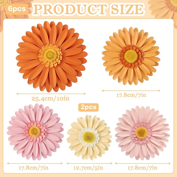 SUNBEAUTY Daisy Party Decorations, Paper Flowers, Party Decorations, Orange Yellow Flowers Wall Hanging, 1st Birthday Bridal Baby Shower Wedding Classroom Tea Party Daisy Décor 10" 8" 5" Pack of 6