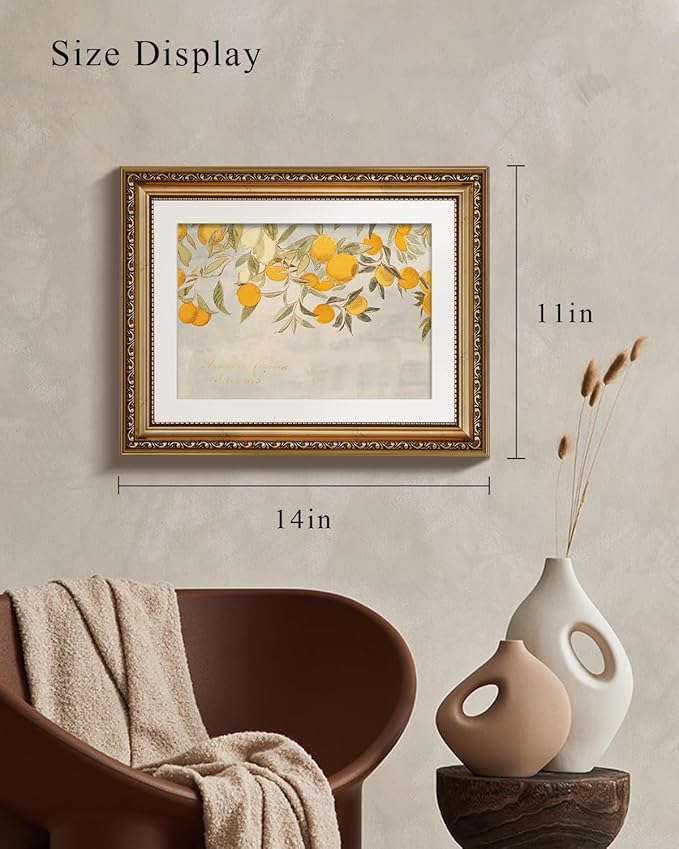 VIYYIEA Gold Framed Vintage Botanical Citrus Fruits Canvas Wall Art, Mediterranean Orange Tree Branch Illustration for Kitchen or Dining Room | Lightweight No Glass, Classic Decor | 11x14 Inch
