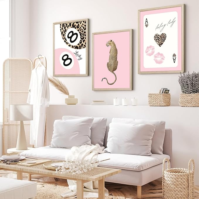 Trendy Leopard Wall Art Cheetah Print Canvas Wall Decor 8 Ball Poster Preppy Room Aesthetic Pictures Funky Coquette Vintage Prints Y2k Fashion Lucky Posters for Bedroom 12x16x3 Inch Framed
