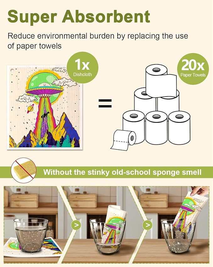 Swedish Dishcloths for Kitchen - 5 Pack Reusable Dish Cloths for Washing Dishes Absorbent Cute Funny Kitchen Towels Cleaning Sponge, Alien