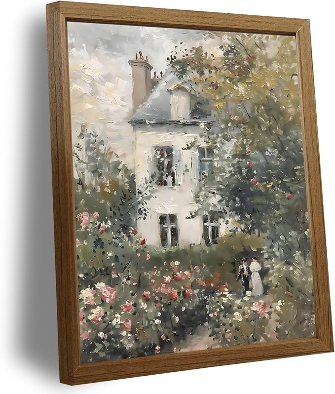 Framed VintageCanvas Floral Cottagecore Wall Art, Neutral Rose Garden Oil Paintings Print English Country Floral Farmhouse Wal Decor for Living Room Bedroom Country Home 8x10 inch