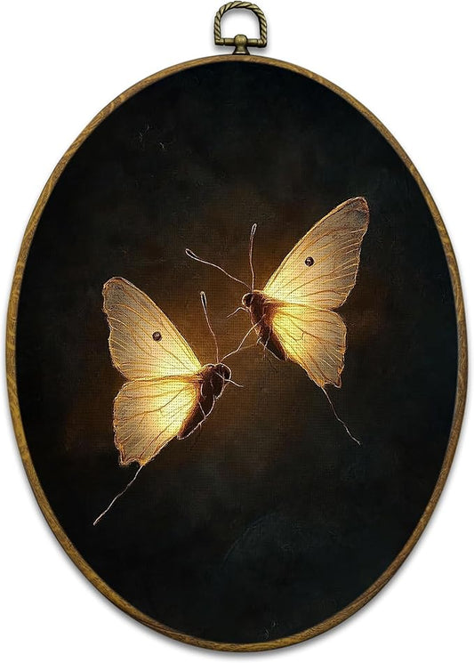 Mcehtle Vintage Butterfly Wall Art Decor, Dark Moody Cottagecore Moth Insect Oval Framed Canvas Prints 8.6x11.4, Neutral Farmhouse Wall Hanging Artwork Decorations for Gallery Home Bedroom Living Room