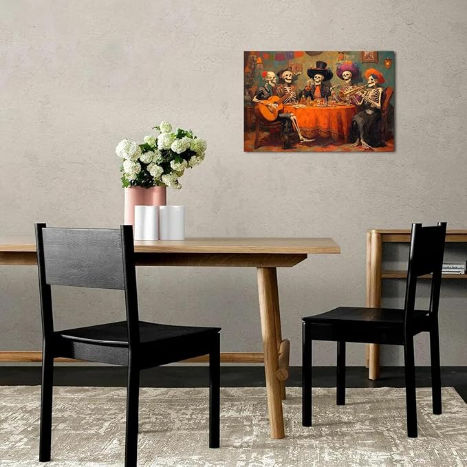 Halloween Canvas Wall Art Skull Wall Decor Skeletons Party Canvas Prints Pictures Mexican Day of the Dead Festival Posters Gothic Painting for Living Room Bedroom Kitchen Home Decorations 16x24"