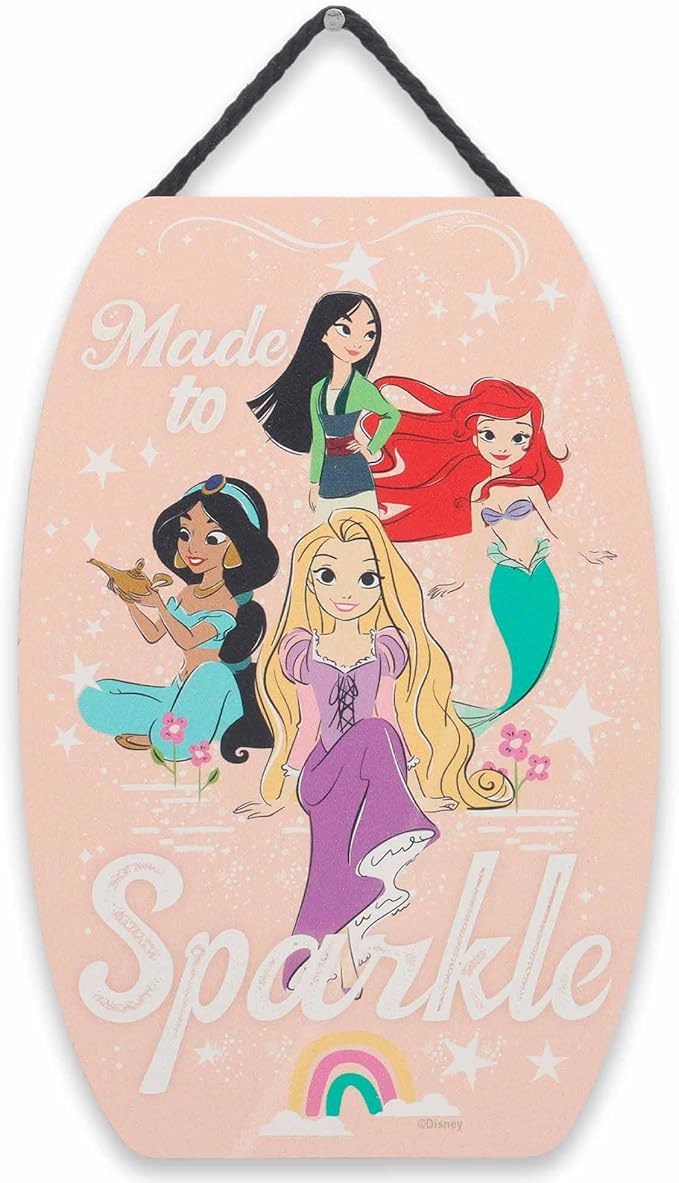 Disney Princess Made to Sparkle Hanging Wood Wall Decor - Cute Princess Wall Art Featuring Mulan, Jasmine, Ariel and Rapunzel