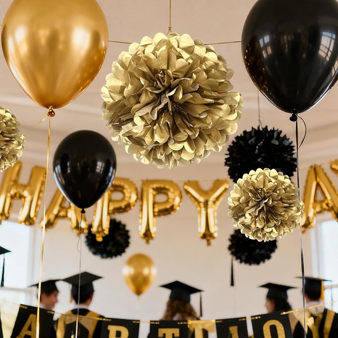 Black Gold Paper Pom Poms for Wedding Birthday Black Gold Party Decoration - Ceiling Wall Hanging Tissue Flowers - 12pcs 2 Colors of 12 Inch 10 Inch