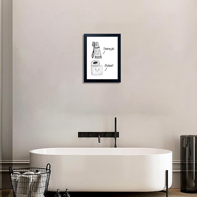 Boswaydeco Kids Bathroom Decor Wall Art Cute Children's Bathroom Wall Decor Small Funny Toliet Paper and Toothbrush Print Black and White Artwork for Guest Rom