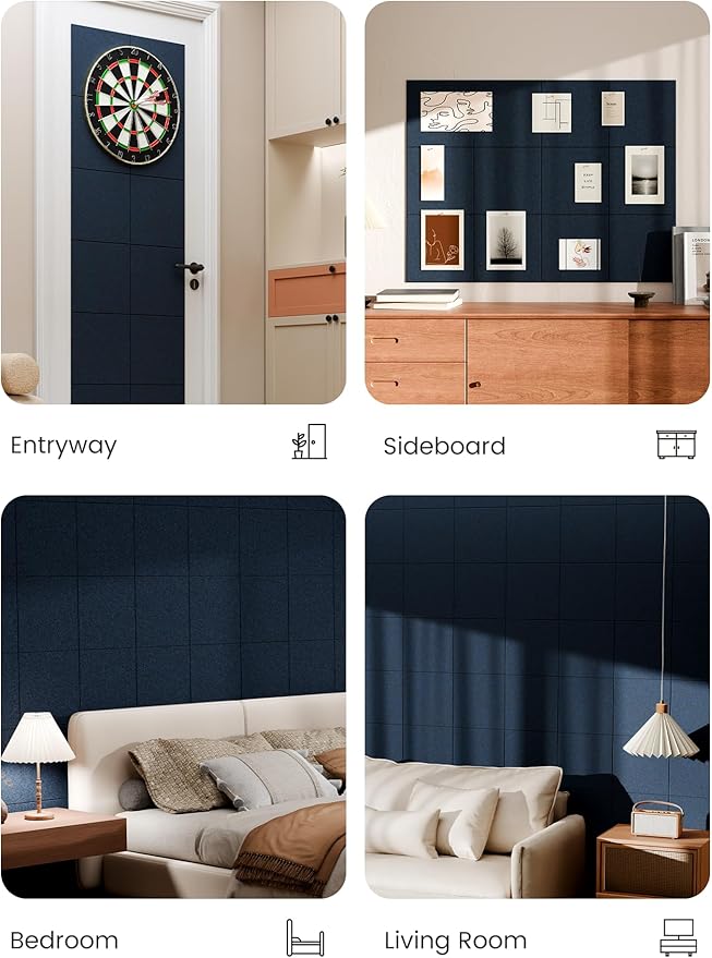 Bumusty Large Cork Board 48" x 36" Alternative - 12 Pack Felt Wall Tiles with 70 Safe Removable Adhesive Tabs, 30 Pushpins, Cork Boards for Walls Pin Board Bulletin Board Office Decor (Carbon Blue)