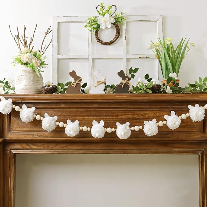 Easter Garland Decorations: Cute White Bunny Easter Garland with Wooden Beads, Rustic Rabbit Banner Decor for Mantel Fireplace Farmhouse Home Office Wall Indoor Outdoor Spring