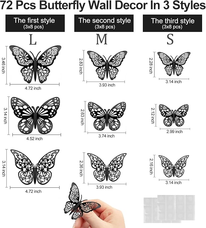 72 Pcs 3D Butterfly Wall Decor - 3 Styles, 3 Sizes, Black, Wedding & Birthday Party Decorations, Girls Bedroom Decoration