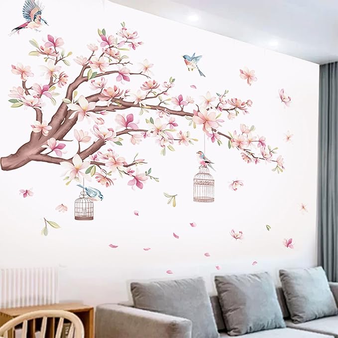 Cherry Blossom Flowers Wall Decals Decor Vinyl Stickers, Magnolia Floral Tree Branch Birds Wall Art Murals, Flower Pattern Wall Stickers for Girls Bedroom Living Room Nursery Decor