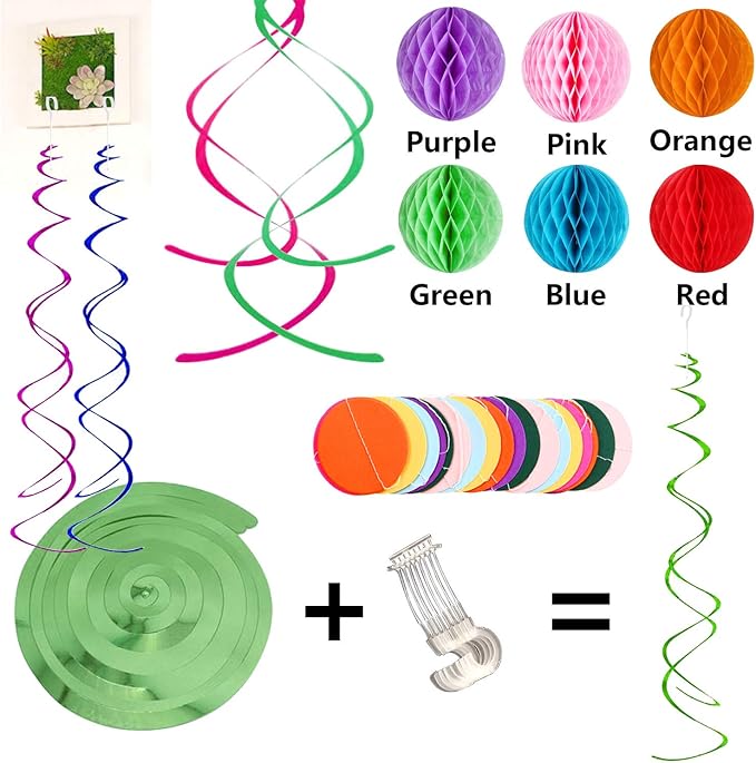 Fecedy Happy Birthday Banner With Colorful Paper Flag Bunting Paper Circle Confetti Garland Swirl Streamers Honeycomb ball for Birthday Party Decorations