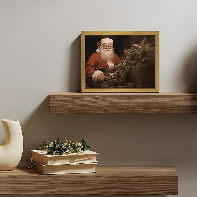 Christmas Wall Art Pictures, Vintage Christmas Wall Decor Prints, Vintage Santa Portrait Canvas Print Posters, Farmhouse Santa Pictures for Wall Framed 8x10 Inch