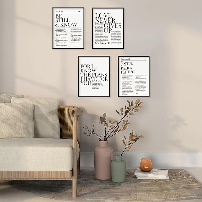 Locomiss Black and White Christian Wall Art Decor, Modern Bible Verse Prints, Minimalist Jesus Scripture Wall Decor, Inspirational Bible Posters for Bedroom Office Living Room, Set of 4 (12x16 Unframed)