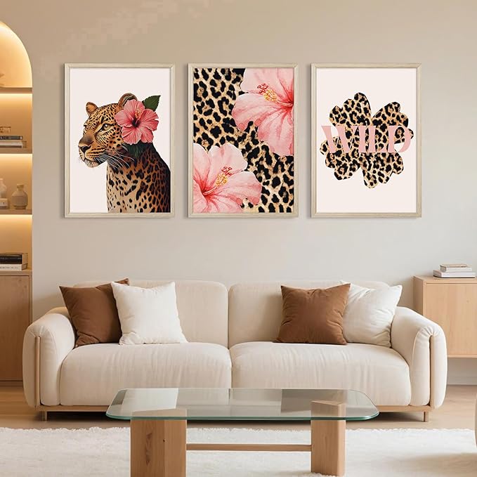 Trendy Leopard Wall Art Pink Cheetah Print Room Decor Leopard Flower Canvas Wall Decor Cheetah Aesthetic Poster Girly Pink Preppy Picture Funky Y2k Artwork for Girl Bedroom 12x16x3 Inch Wood Framed