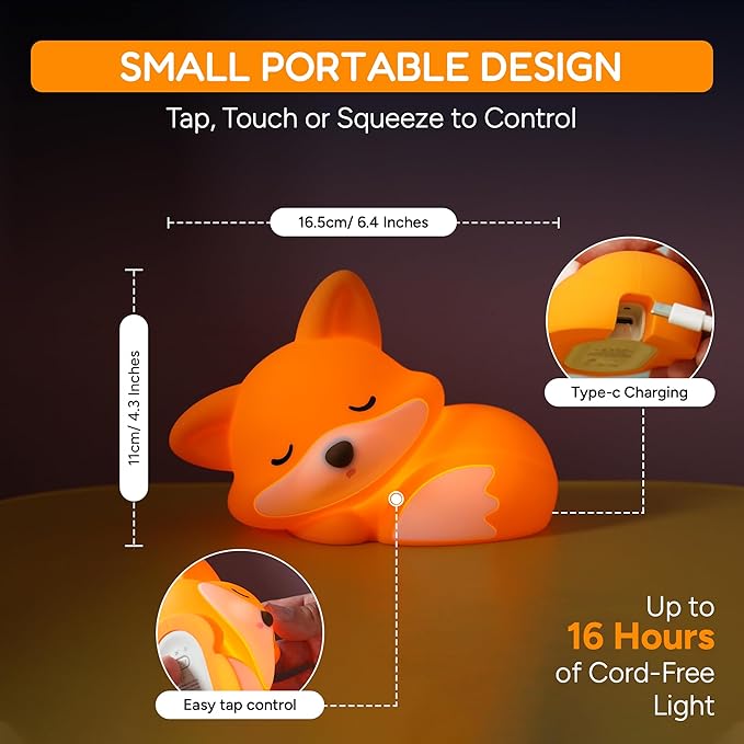 Sleeping Fox Night Light, Rechargeable Silicone Fox Lamp with Timer & Dimmable Warm Light, Cute Animal Nightlight for Bedroom, Nursery Decor & Gift