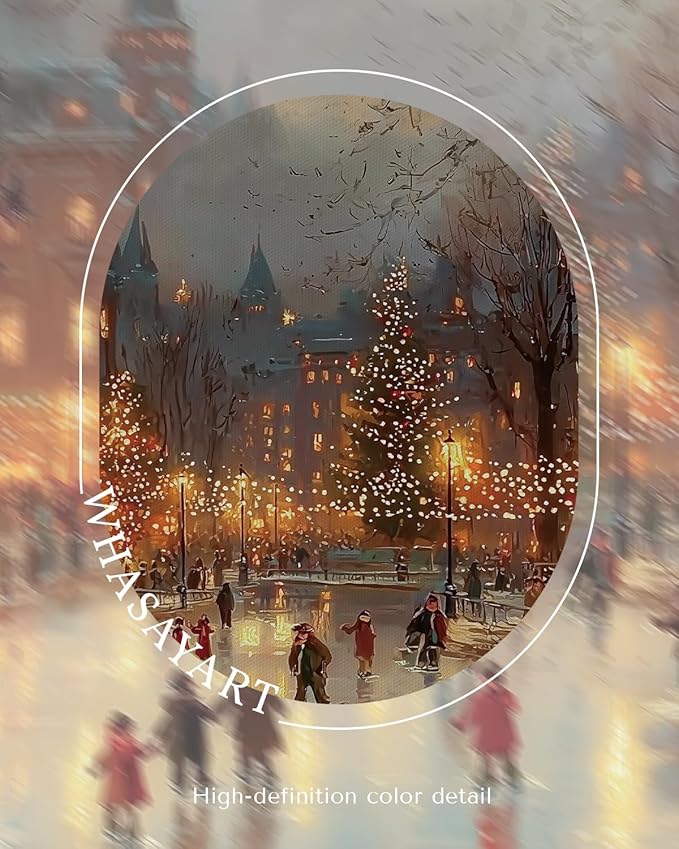 WHASAYART Vintage Christmas Wall Art 12x16 Framed Canvas Print, Holiday Bustling Town Center Winter Ice Skating Scene Christmas Tree City Lights Painting, Rustic Living Room Bedroom Seasonal Decor