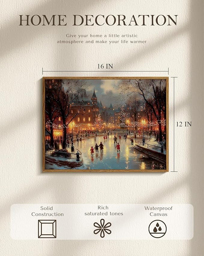 WHASAYART Vintage Christmas Wall Art 12x16 Framed Canvas Print, Holiday Bustling Town Center Winter Ice Skating Scene Christmas Tree City Lights Painting, Rustic Living Room Bedroom Seasonal Decor