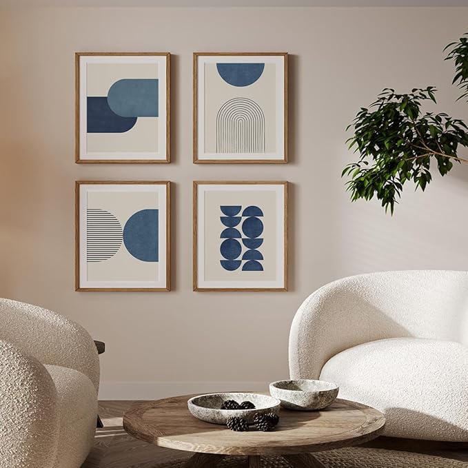 PLKMN Navy Blue Abstract Wall Art Decor Set of 4 - Bathroom Decor, Boho Minimalist Wall Art Prints for Bedroom Living Room 8x10 (Unframed)