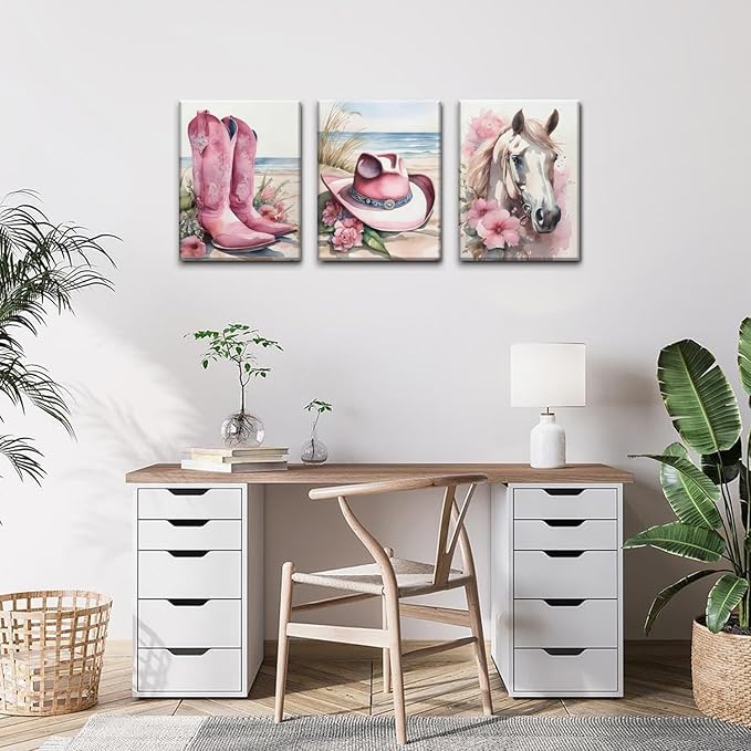Djmwtb Coastal Cowgirl Canvas Wall Art Western Girl Room Decor Framed Set of 3 Pink Flower Boots Hat Horse Pictures Trendy Preppy Posters Prints Watercolor Painting for Dorm Bedroom 16x24in