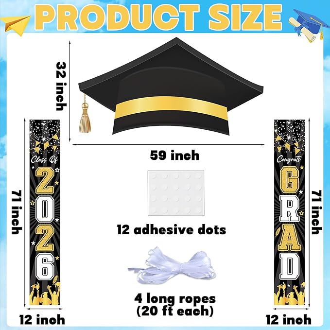 3Pcs Graduation Cap Door Banner 2026 Graduation Door Decoration Class of 2026 Porch Sign Congrat Grad Hanging Banner Decor Grad Party Indoor Outdoor Wall Decor Photo Prop Supplies Black Gold