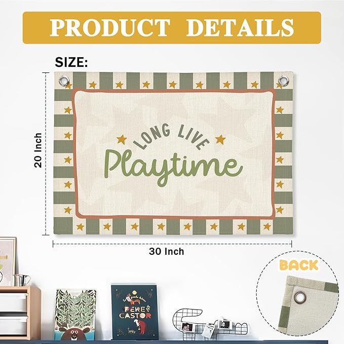 Playroom Wall Decor,Long Live Playtime Linen Canvas Banner,Sage Green Toddler Playroom Decor Kids Room Nursery with Star Pattern Wall Decor for Toddler Boys Toy Room Bedroom,30x20 Inch