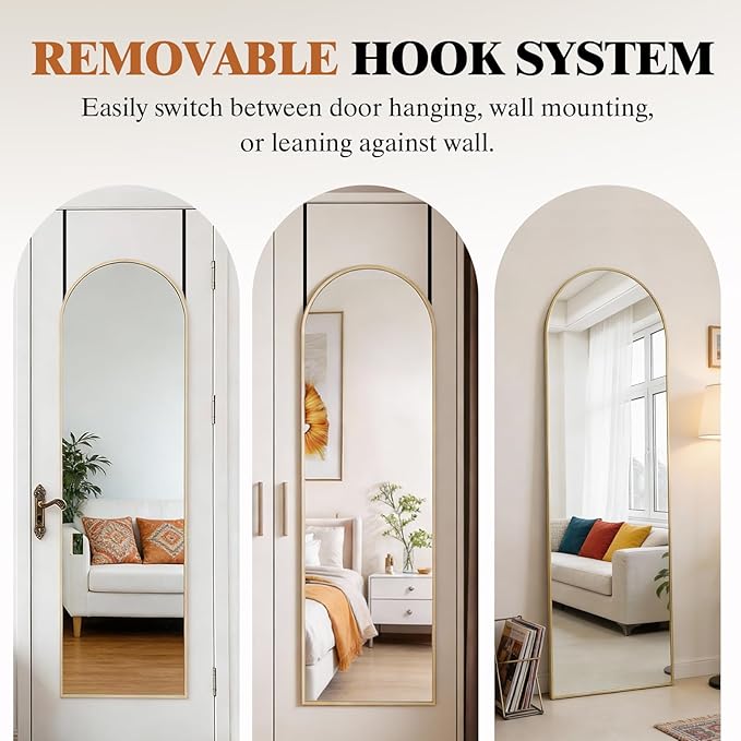 DUMOS Full Length Mirror 47x14 Inches - Arched Full Body Door Hanging Wall Mounted Aluminum Alloy Frame Mirror for Bedroom, Dressing Room, Entryway, Gold