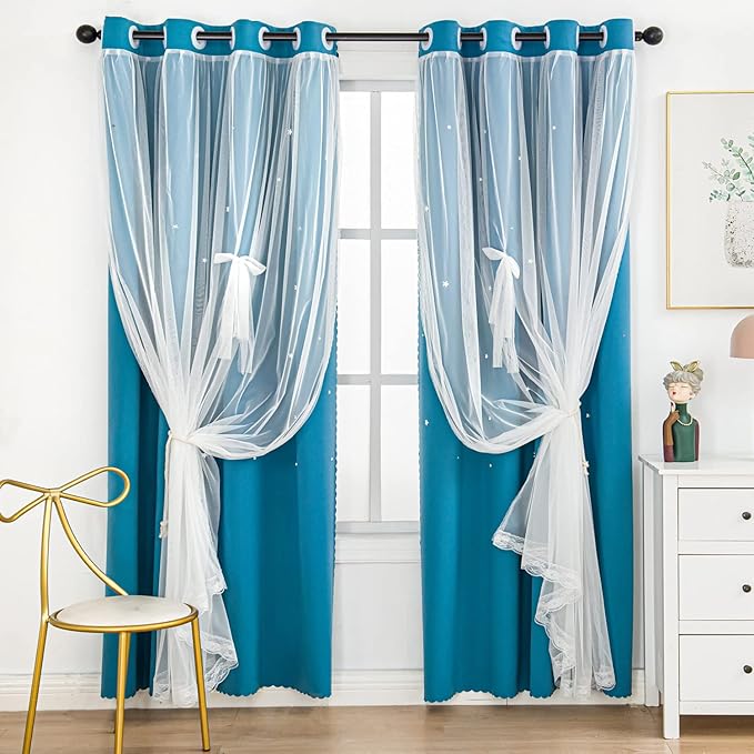 UNISTAR 2 Panels Stars Blackout for Bedroom Living Room Girls Kids Baby Room, Double Layer Star Cut Out Window Curtain, W34 x L63 Inch Length, Turquoise