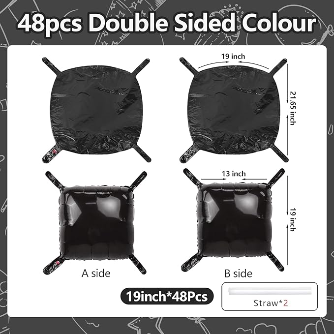 NISOCY 48PCS Black Square Foil Balloons Wall Backdrop Metallic Double Sided Black Balloon Tunnel Arch Kit for New Year Birthday Baby Shower Graduation Party Decorations