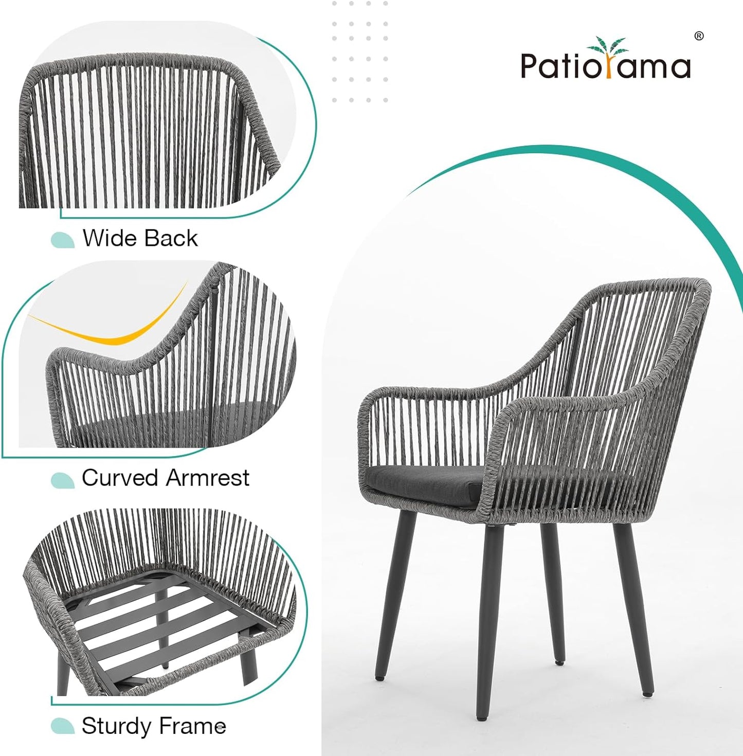 Patiorama Outdoor Dining Chairs, Patio Dining Chair Set of 2, All-Weather Woven Rope Rattan Chairs, Outdoor Dining Wicker Chairs with Armrests for Indoor Balcony Pool Backyard(Gray)