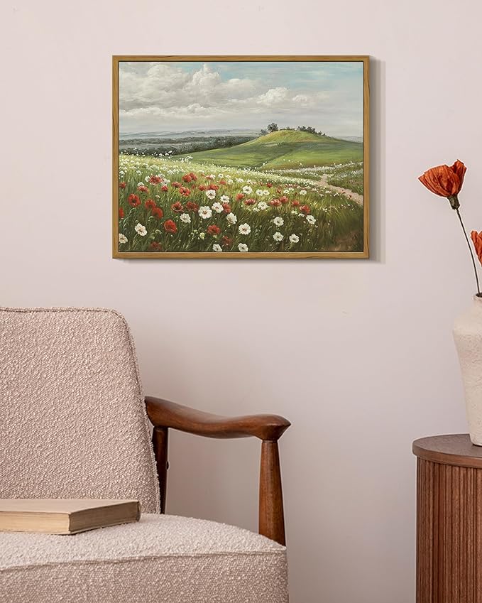 SHENIFY Vintage Landscape Framed Wall Art Meadow with Flowers Scenery Farmhouse Decor Rustic Retro Grassland Floral Field Painting for Kitchen Living Room Bedroom Bathroom - 11x14in Natural Framed