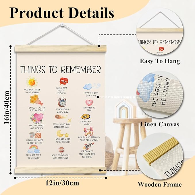 Thing to Remember Posters Hanger Frame for Therapy Office Mental Health Hanging Poster for Nursery Classroom Decor Wall Art Decor for Homeschool Bedroom Canvas Wall Art Print 16x12 Inches - YY058