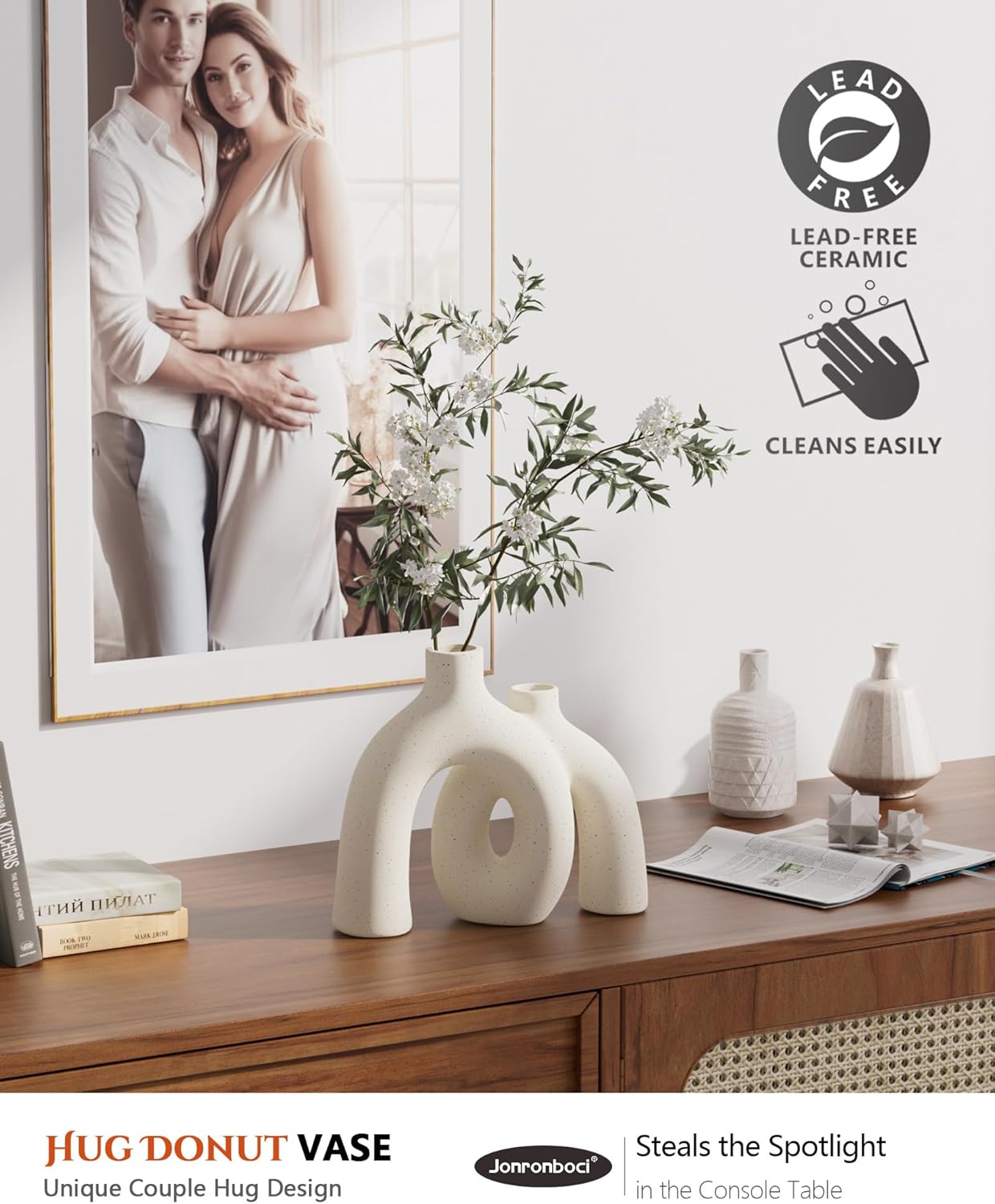Hug Donut Decorative Vase Set - Modern Nordic Boho Style Vases Home Decor, Matte Ceramic Decorations for Living Room Shelf, Bookshelf Mantle Entryway Table or Console Décor (Cream White)