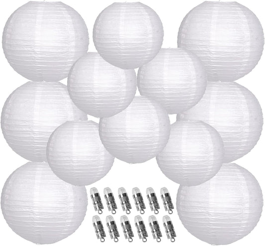 Paper Lanterns Decorative, White Hanging Round Chinese Lanterns with Lights for Wedding Anniversary Birthday Party 12 LED Light Pack of 12