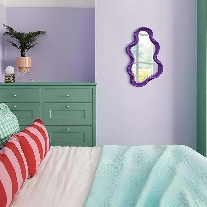 Purple Wavy Mirror Mirror for Girly Bedroom Decoration, Asymmetrical Cloud-Shaped Decorative Funky Mirrors for Modern Vintage Home Office Living Room Housewarming Birthday Gift