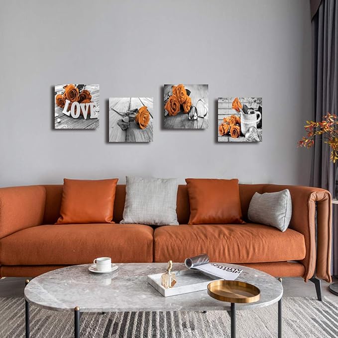 Burnt Orange Canvas Wall Art Rose Flower Pictures Wall Decor for Bathroom Kitchen Accessories Black and White Grey Prints Paintings Rustic Floral Love Sign Pictures Artwork Home Decoration 20x20” 4Pcs