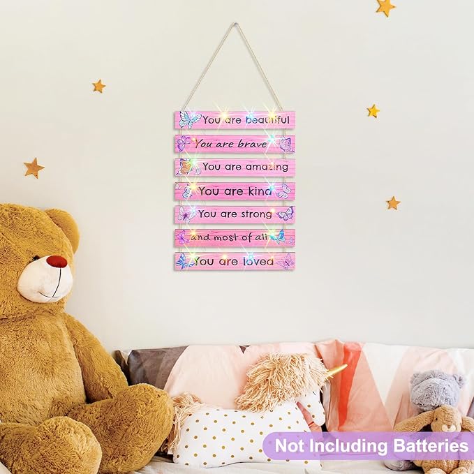 FIOBEE Girls Room Décor for Teen Girls Boys with LED Light Wall Decor for Bedroom Motivational Inspirational Wall Art Girl Room Decoration for Kids Studyroom, 8 Kinds of Lights, Pink Butterfly