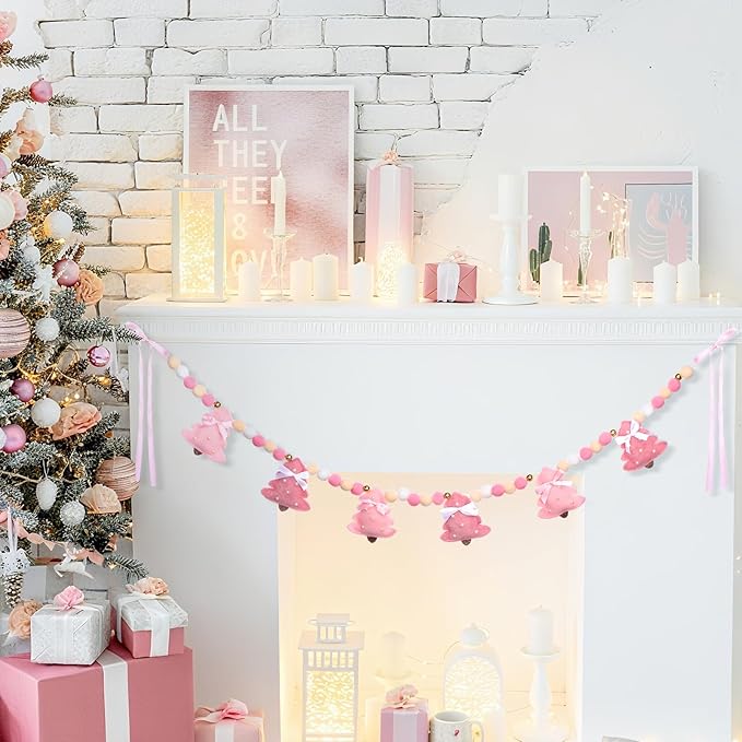Pink Christmas Felt Garland 3D Coquette Bow Xmas Tree Pom Ball Banner Holiday Decorative Hanging Bunting Garland for Home Mantel Fireplace Window Wall Decor