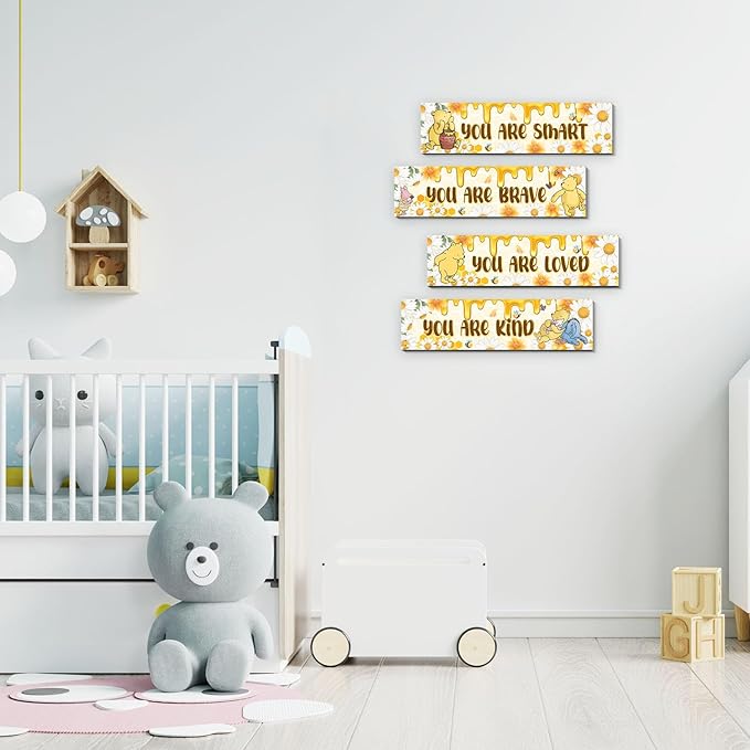 BirtDerr 4PCS Winnie Nursery Decorations-the Pooh Baby Stuff-Vintage Nursery Decor-Winnie Wall Decor Wall Art(Classic)