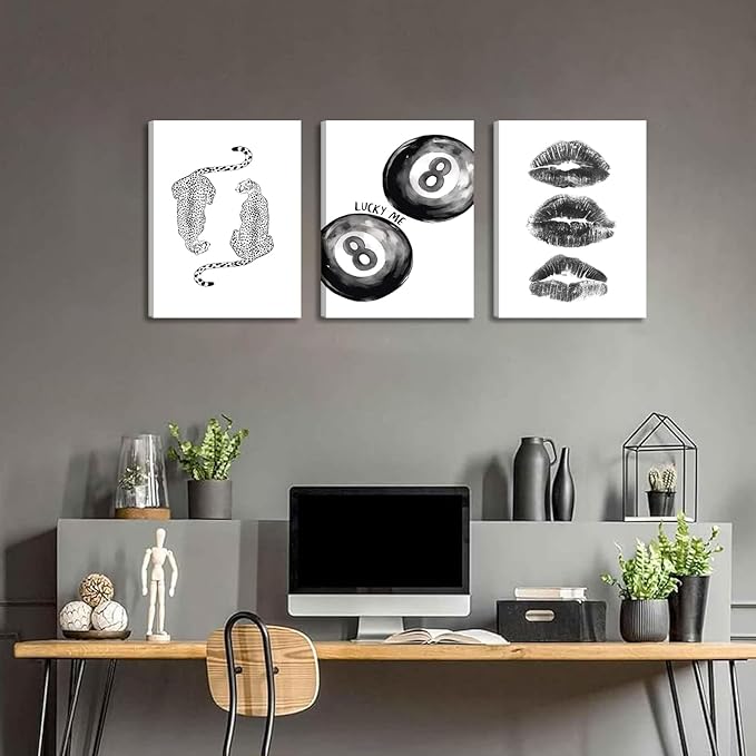BOKPEN Trendy Black and White Leopard Canvas Wall Art,Funky Y2k Lucky 8 Ball Posters,Retro Kiss Lips Print Picture,Cheetah Prints Aesthetic for Girls Room College Dorm Home Decor (16x24 canvas)