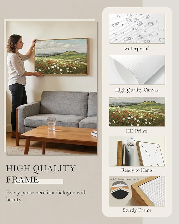 SHENIFY Vintage Landscape Framed Wall Art Meadow with Flowers Scenery Farmhouse Decor Rustic Retro Grassland Floral Field Painting for Hallway Living Room Bedroom - 24x36in Natural Framed