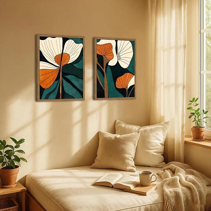 Mid Century Modern Flower Wall Art Vintage Abstract Botanical Wall Decor Painting Set of 2 Mid Century Boho Dark Floral Poster Canvas Print Pictures for Living Room Bedroom 12x16 inch Wood Framed