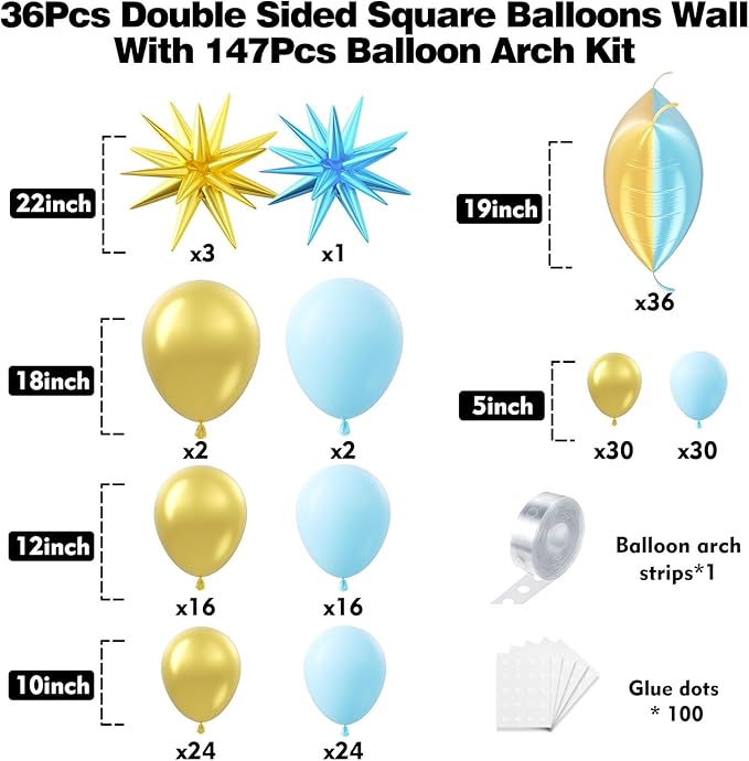 36pcs Blue and Gold Square Foil Balloons Wall Backdrop with 147pcs Balloon Garland Arch Kit, Double Sided Balloons for Graduation Birthday Anniversary Wedding Baby Shower Prom Party Decorations