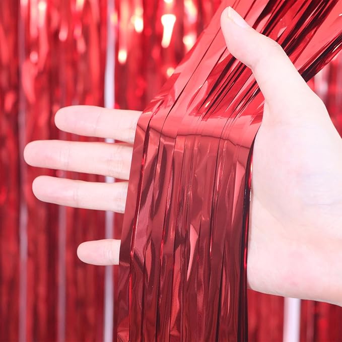 3.3 x 6.6 ft Foil Fringe Backdrop Curtains, Tinsel Streamers Party Decorations, Fringe Backdrop for Birthday, Baby Shower, Gender Reveal, Graduation (6, Red)