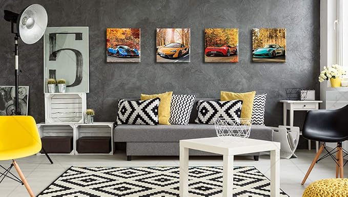 DJSYLIFE Car Posters Boys Room Decor Wall Art Giclee Canvas Prints Autumn Landscape Red Sport Car Pictures Modern Artwork for Bedroom Home Decorations Painting 12x12 inchesx4 Framed Ready to Hang