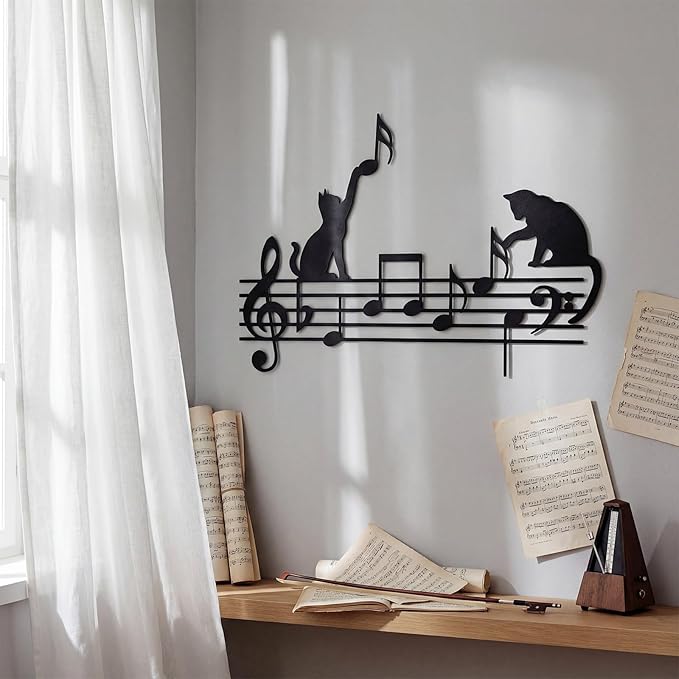 Otoolling Cat Playing Music Wall Decor Metal Black Cat Wall Art Hanging Signs Home Decor for Living Room Bedroom Bathroom Office Cats Lover Gifts (Fun,13.78 x 11.81 in)